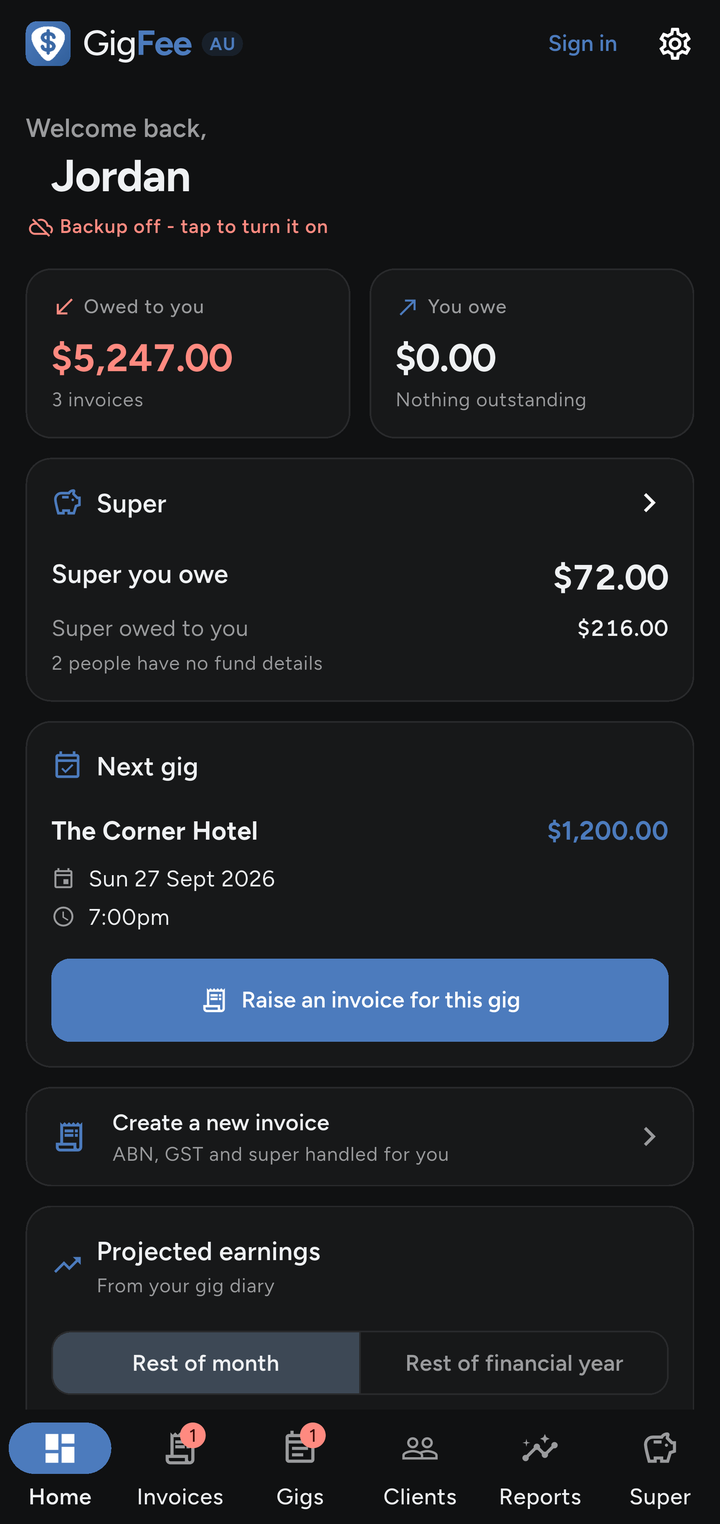 The GigFee home screen showing money owed, the next gig and a button to raise its invoice.