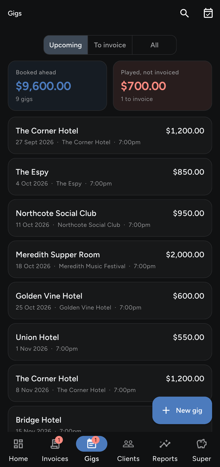 The gig diary showing bookings ahead and gigs played but not yet invoiced.