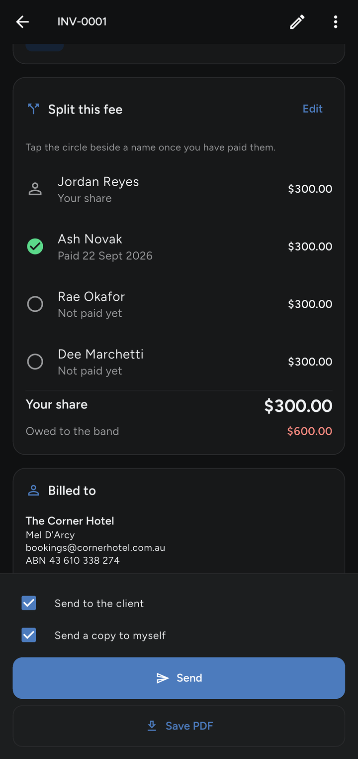 The fee split screen dividing a $1,200 fee four ways between band members.